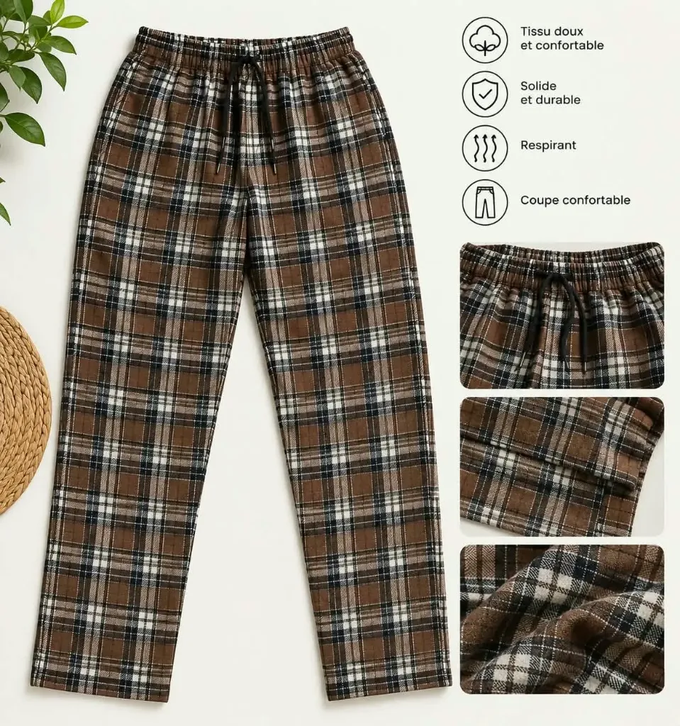 REHLA - Pantalon Pyjama Homme à Carreaux - Marron (S)